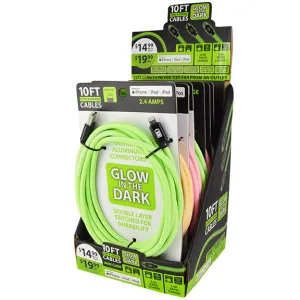 Charging Cable Glow in The Dark Assortment 10FT 2.4 Amp - 6 Pieces Per Retail Ready Display  88257