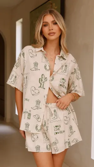 Charli Button Up Shirt and Shorts Set - Beige/Khaki Cowgirl