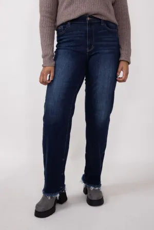Judy Blue Midrise Dark Wash Straight Frayed Hem Jeans for Women | 82622REG