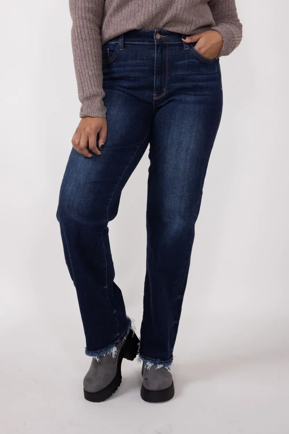 Judy Blue Midrise Dark Wash Straight Frayed Hem Jeans for Women | 82622REG