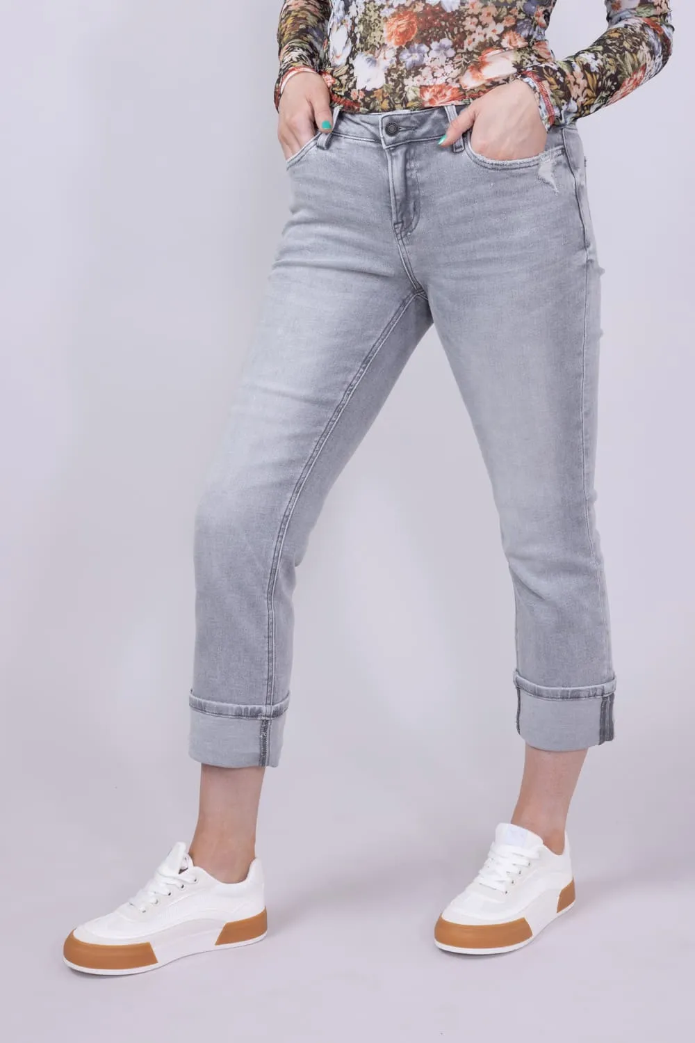 Mica Mid Rise Cuffed Straight Jeans for Women in Grey | MDP-T3385