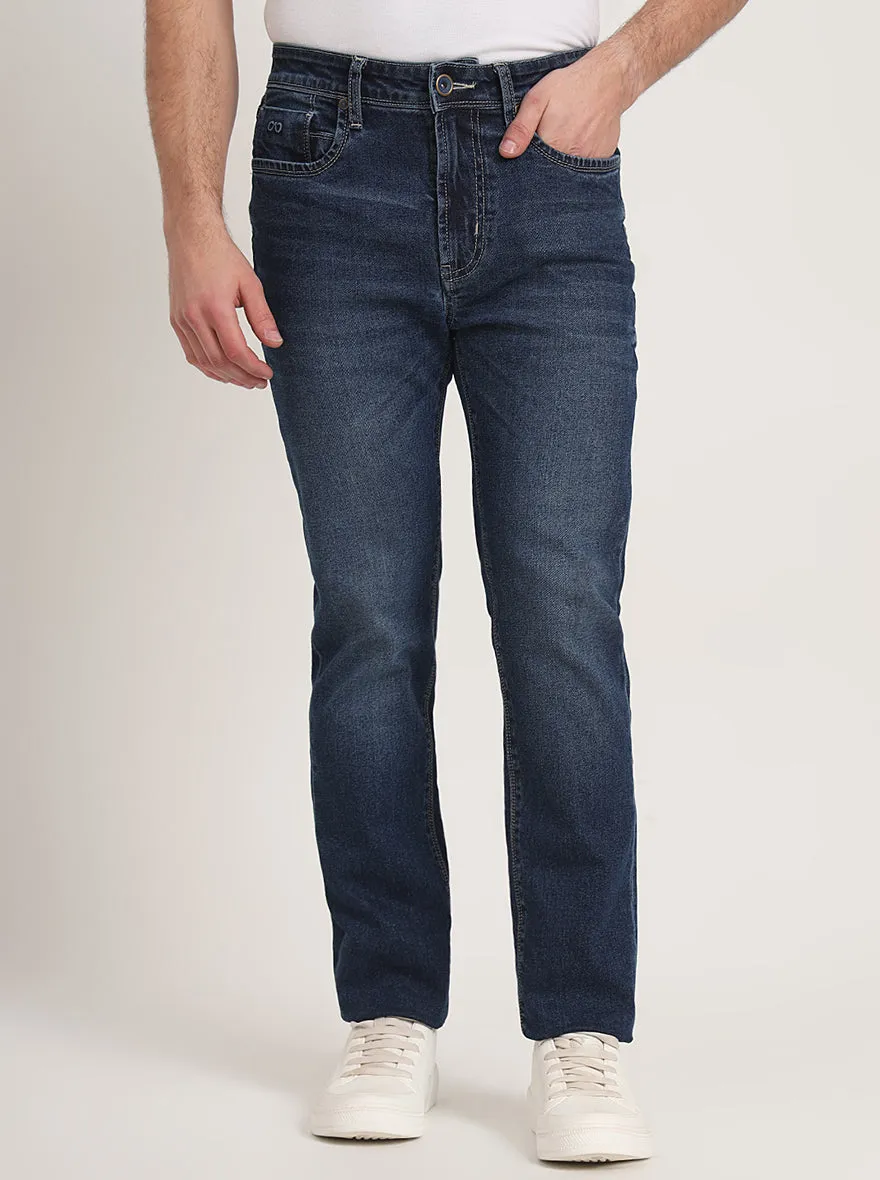 Mid Indigo Blue Washed Straight Fit Jeans | JadeBlue
