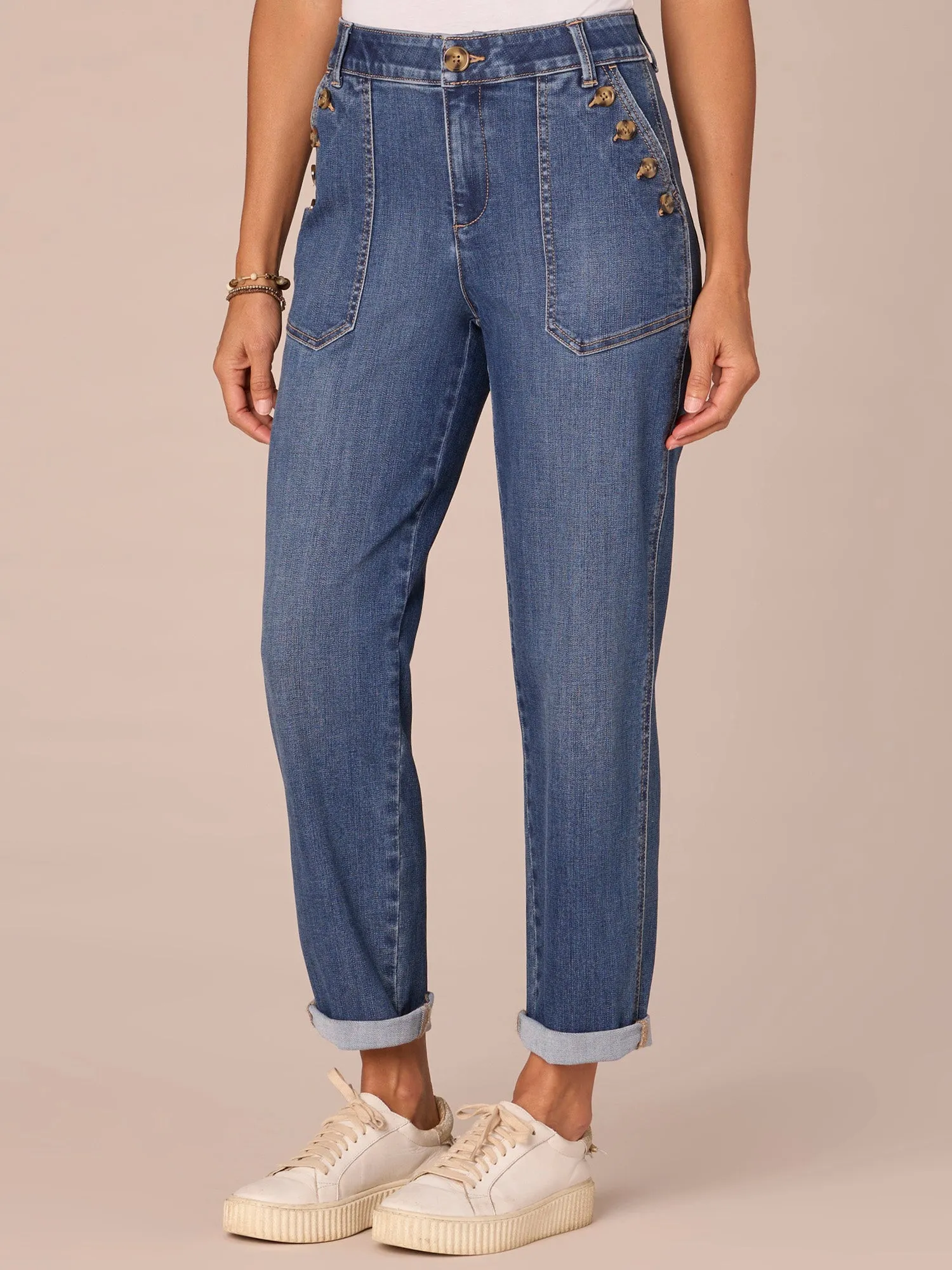 "Ab"solution High Rise Button Pocket Straight Leg Plus Size Jeans