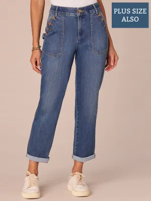 "Ab"solution High Rise Button Pocket Straight Leg Plus Size Jeans