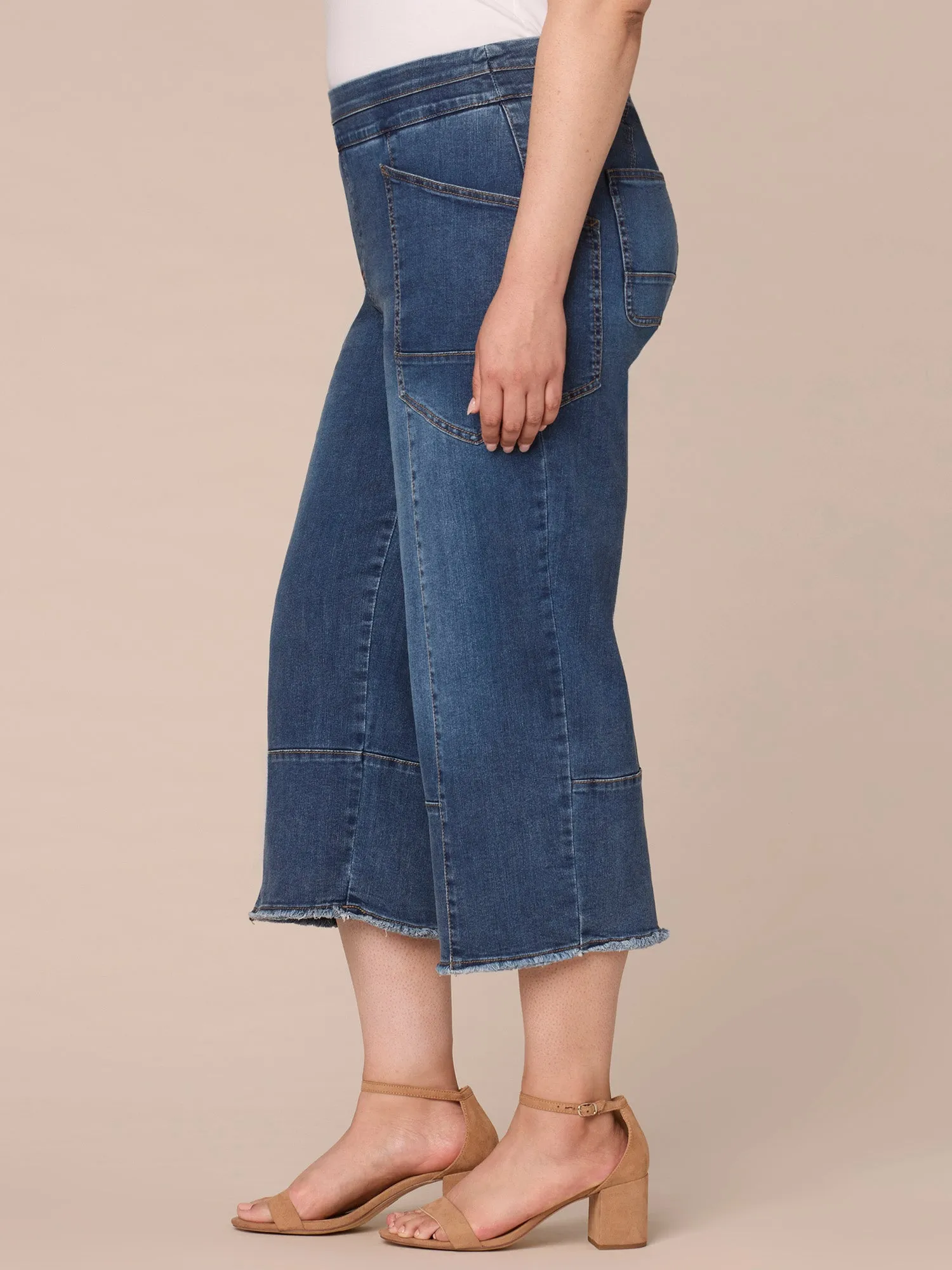 "Ab"solution High Rise Crop Fray Hem Glider Wide Leg Plus Size Jeans