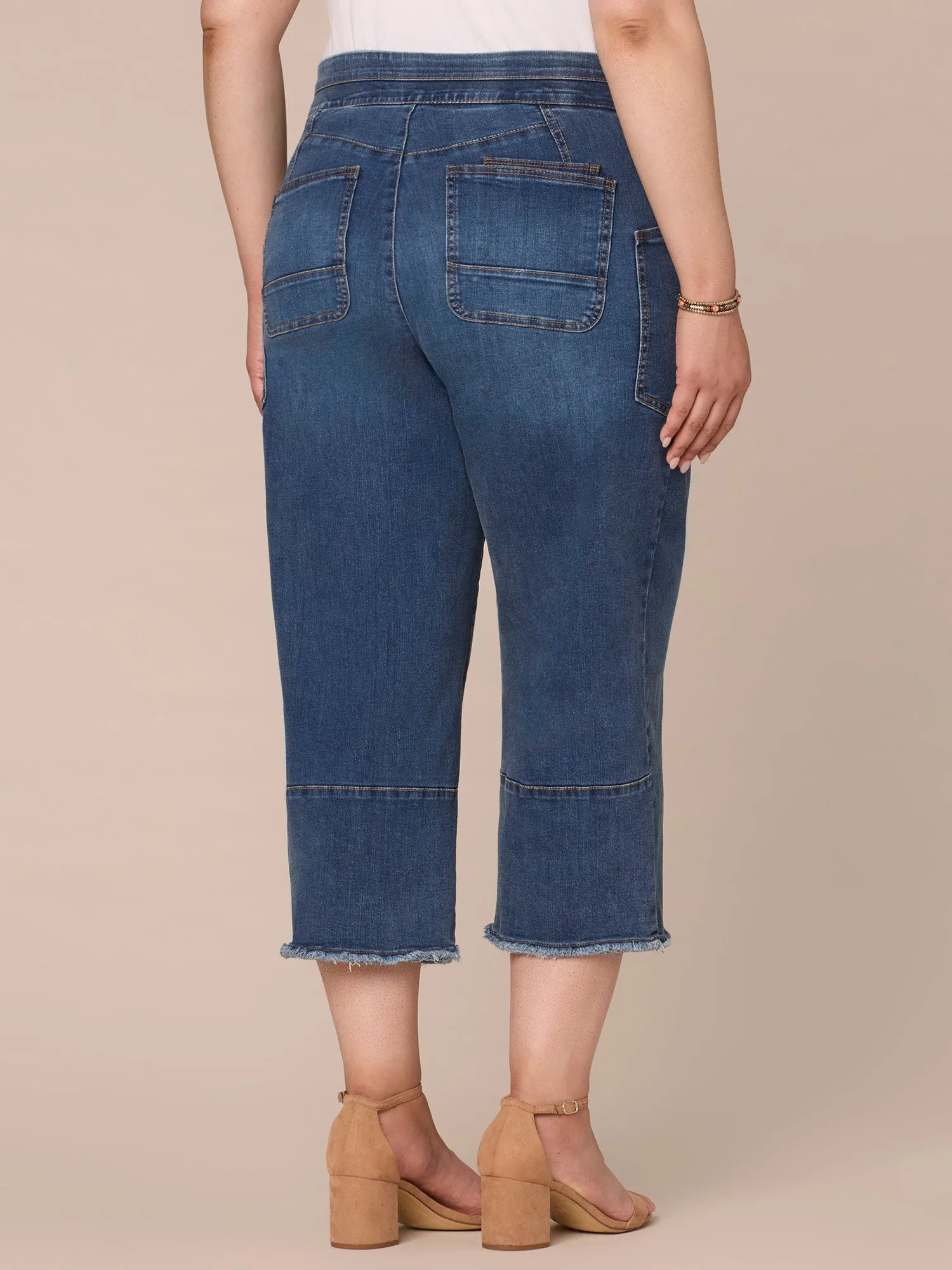 "Ab"solution High Rise Crop Fray Hem Glider Wide Leg Plus Size Jeans