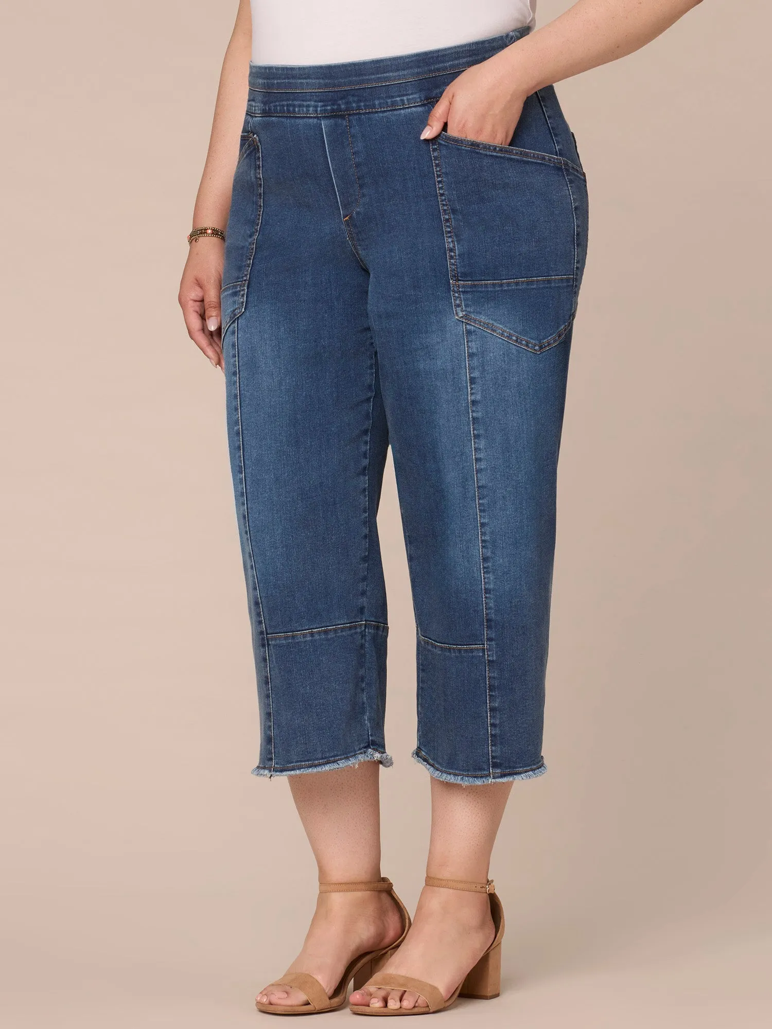 "Ab"solution High Rise Crop Fray Hem Glider Wide Leg Plus Size Jeans