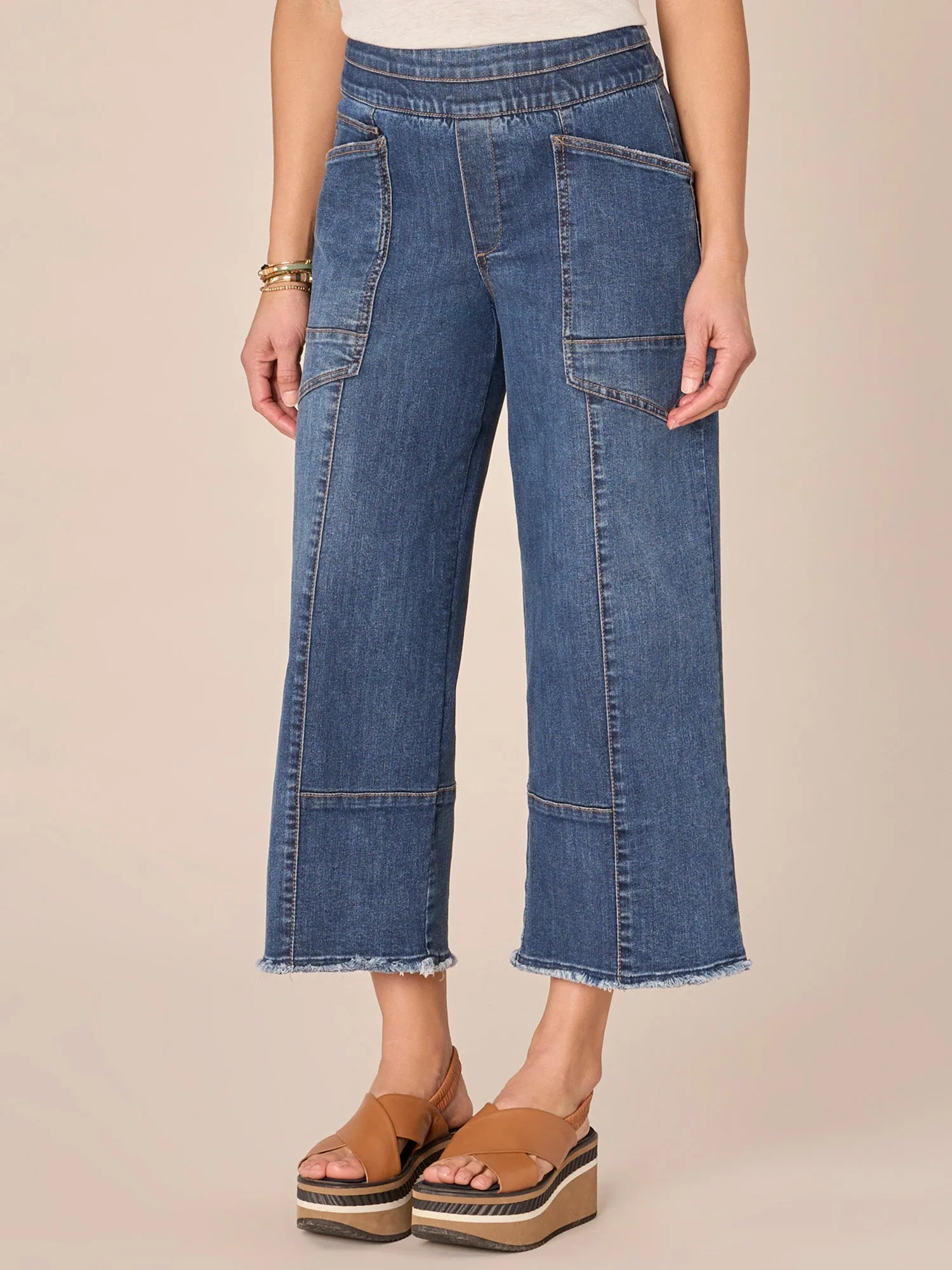 "Ab"solution High Rise Cropped Glider Fray Hem Wide Leg Jean