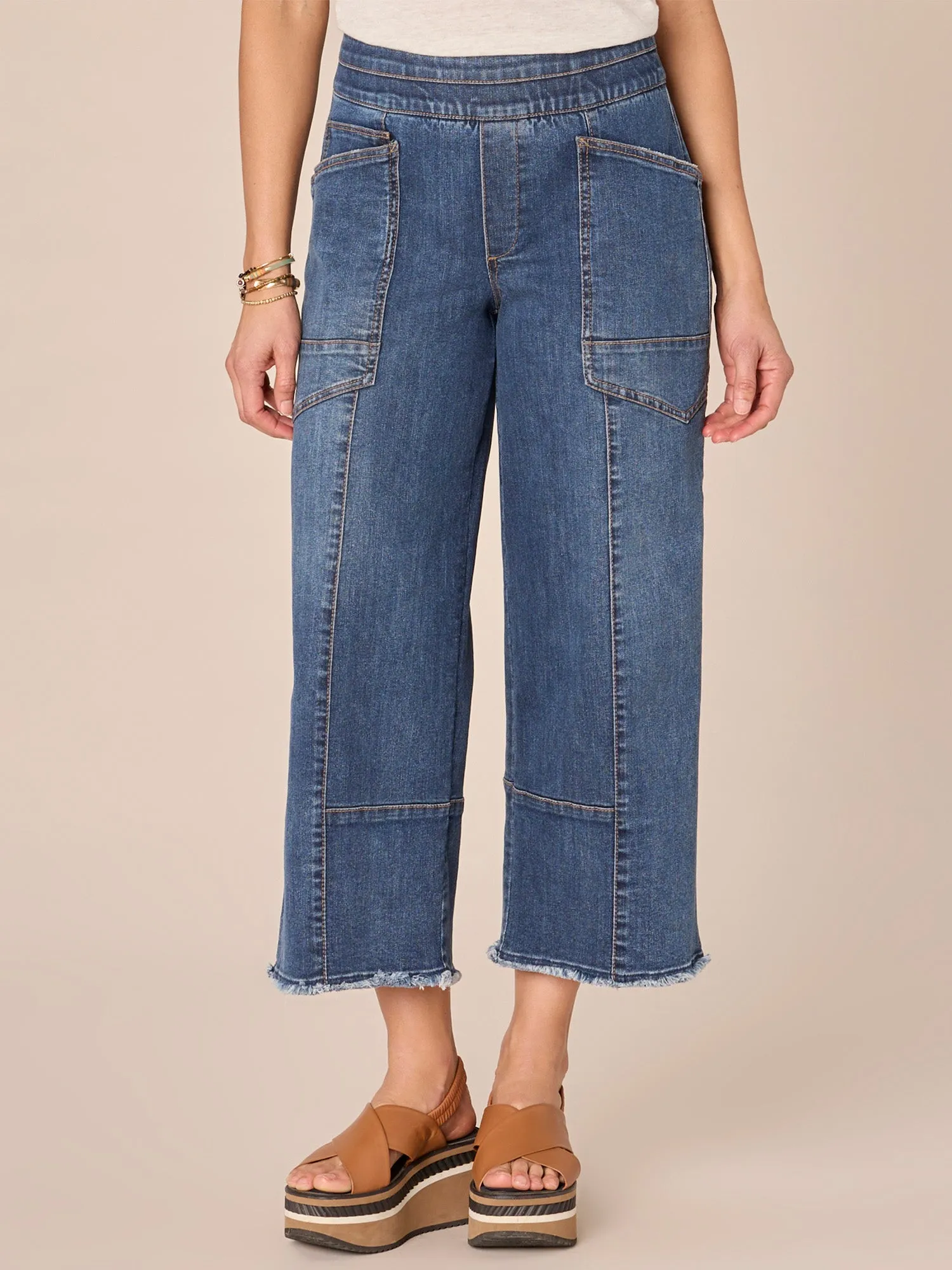 "Ab"solution High Rise Cropped Glider Fray Hem Wide Leg Jean