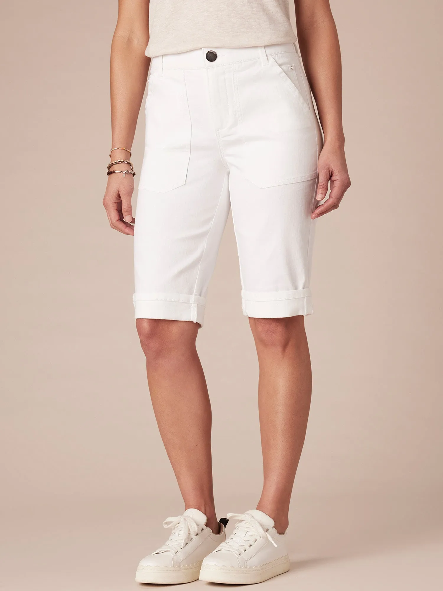 "Ab"solution High Rise Cuffed Denim Bermuda Short with Coin Pockets