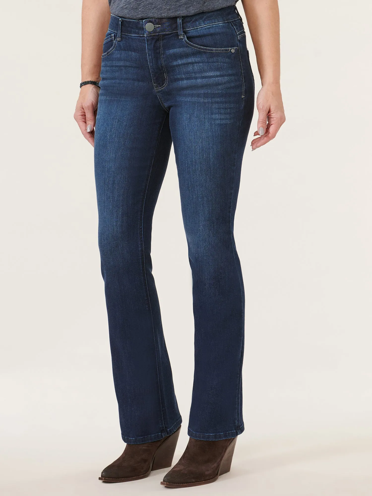 "Ab"solution® High Rise Embroidered Indigo Itty Bitty Boot Jean