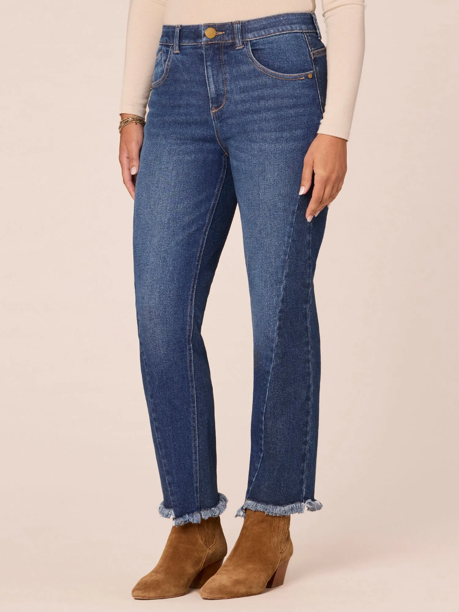 "Ab"solution High Rise Spliced Ankle Length Straight Leg Jeans