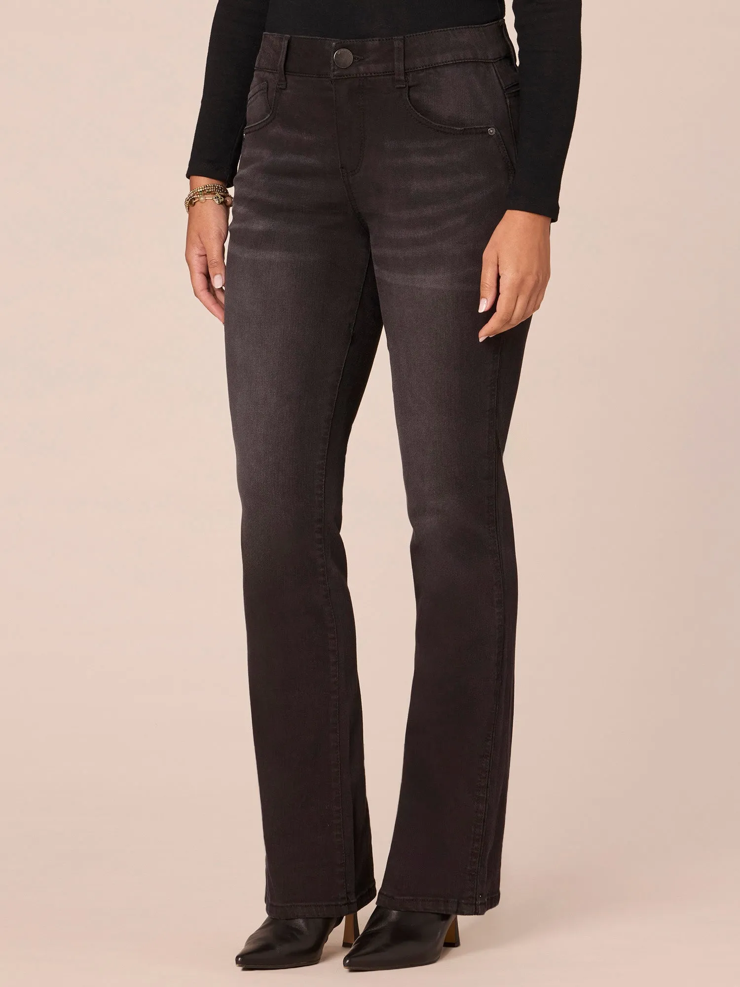 Washed Black "Ab"solution Mid-Rise Double Side Seam Itty Bitty Boot Jeans