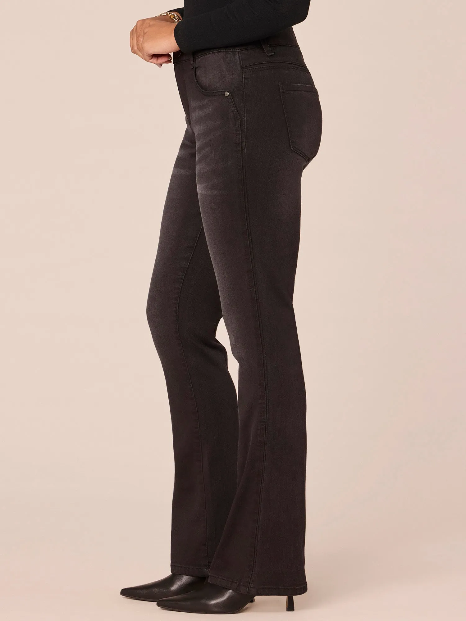 Washed Black "Ab"solution Mid-Rise Double Side Seam Itty Bitty Boot Jeans