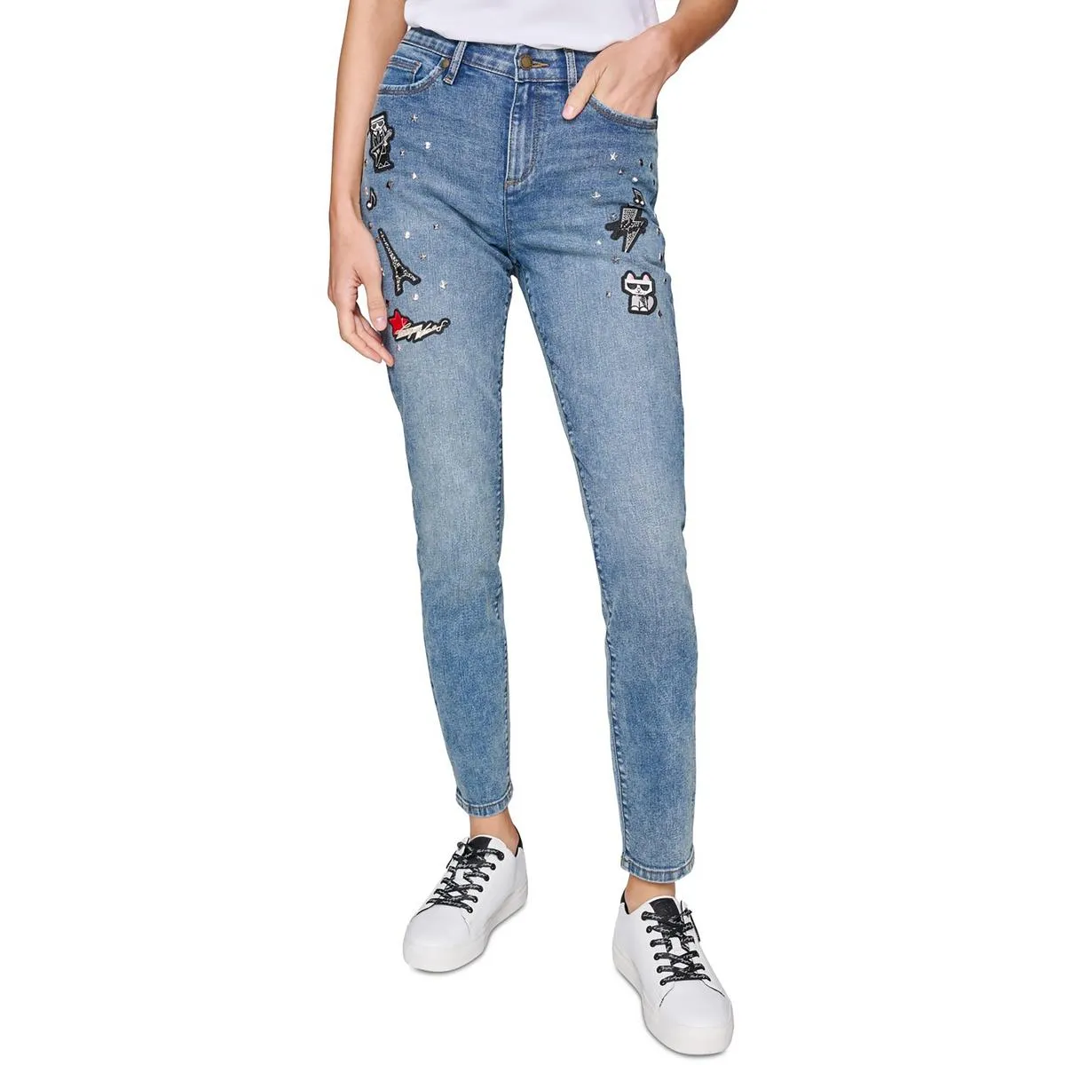 Womens Embellished Denim Straight Leg Jeans