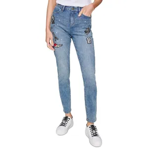 Womens Embellished Denim Straight Leg Jeans
